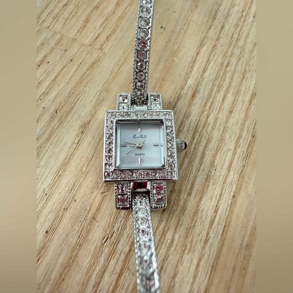 Erwin pearl ladies dainty silver tone square crystal accented watch NEW BATTERY